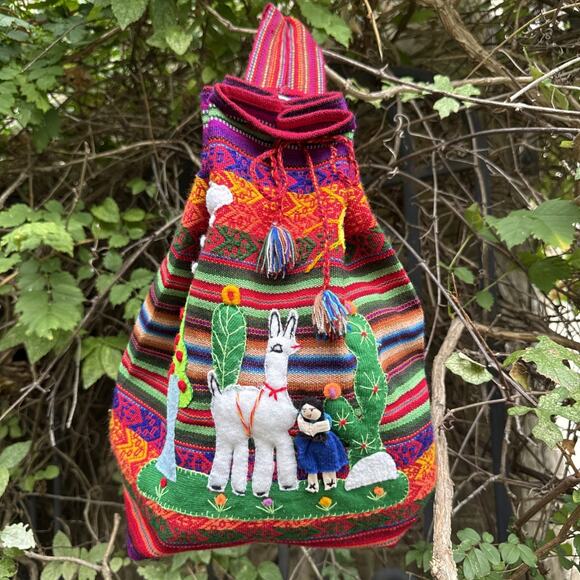 Peruvian Handwoven Tapestry Alpaca Wool Drawstring Large Colorful Backpack 16” - Picture 1 of 13